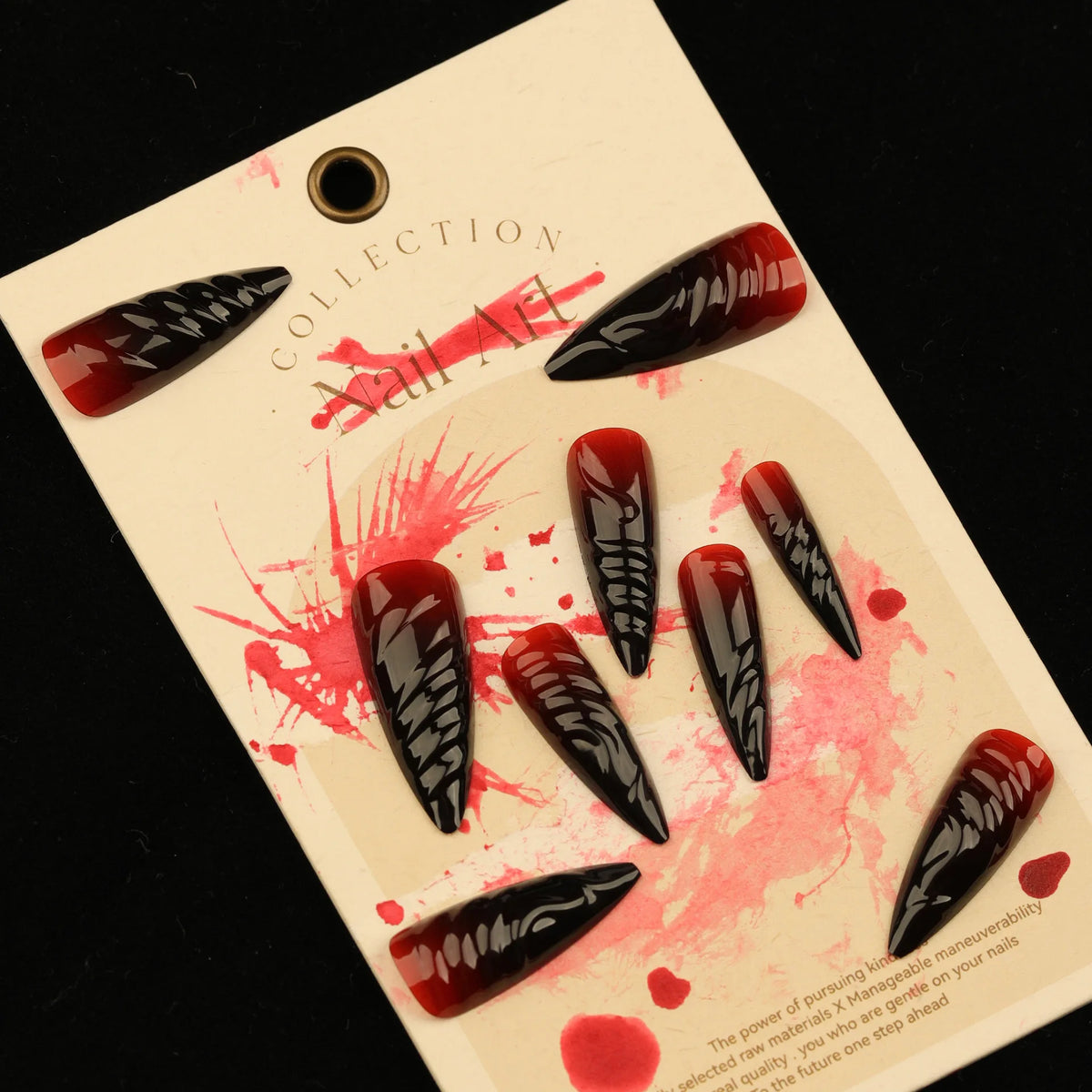 3D Red Black Gradient Halo Dyeing Long Pointed False Nails - Halloween Detachable Press-On Nails with Glue