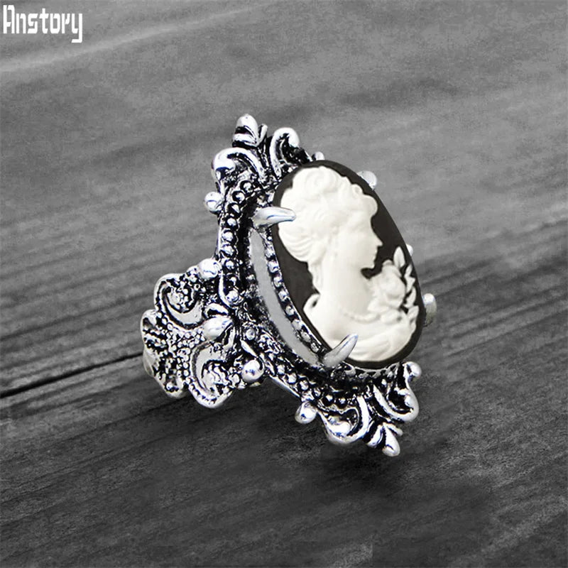 Vintage Leaf Lady Queen Cameo Rings For Women Antique Silver Plated Flower Cross Pink Cameo Ring Fashion Jewelry