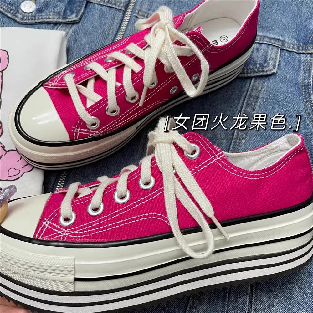 Women Dragon fruit color canvas shoes woman high thick wedges Heels pumps Lady Dress party shoes lace up Stripe splicing shoes