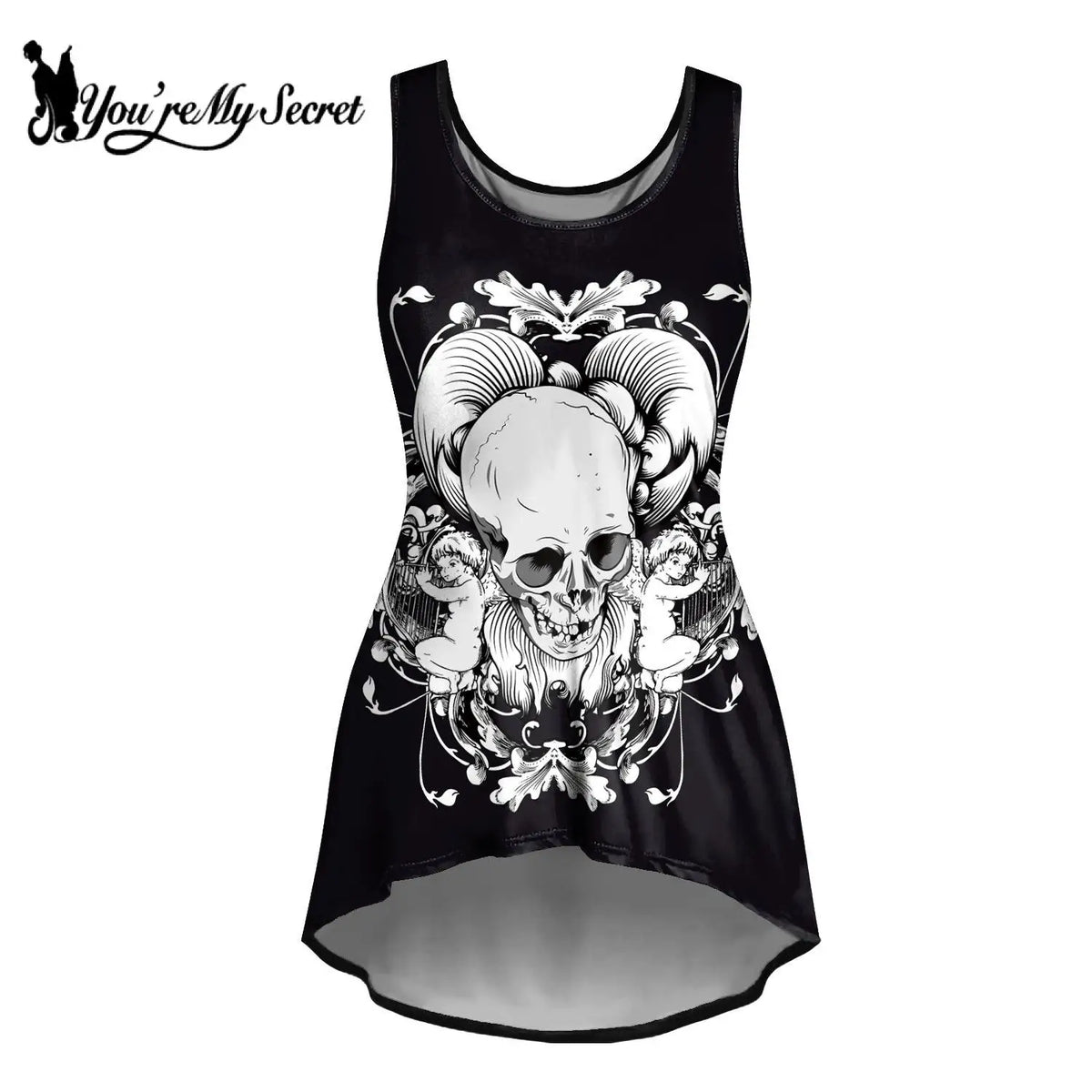 [You're My Secret] Gothic Black Skull Print Hallowmas Party Dress – Sexy Sleeveless Graphic Print Dress for Women