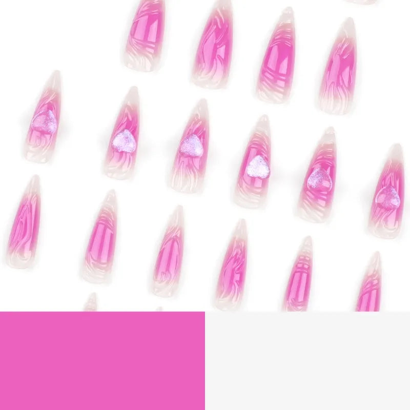 24pcs Pink 3D Love Extra Long Fake Nail Stiletto False Nail Art Full Cover Shiny Fashion Luxury Press on Nails Tips for Women