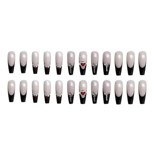 Long Coffin Punk Black French Acrylic Nail Ballerina Goth Artificial Glossy Glue on Nails Cross Rhinestone False Nails for Women