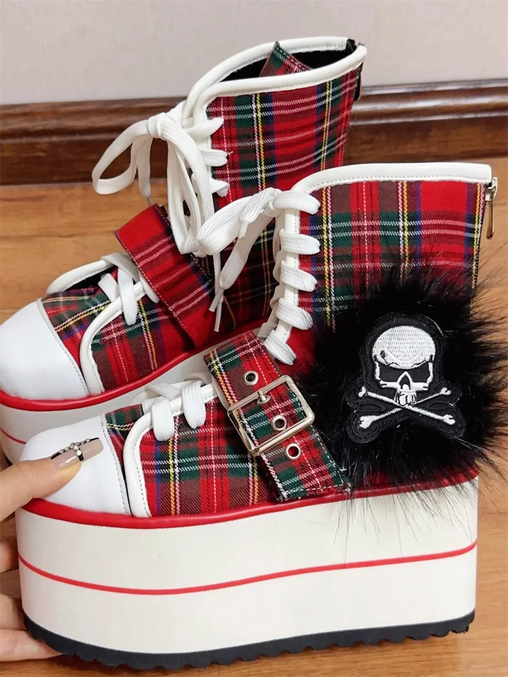 Women wasteland punk short Boots woman high Heels pumps Lady Dress party shoes round toe red plaid canvas customized shoes skull