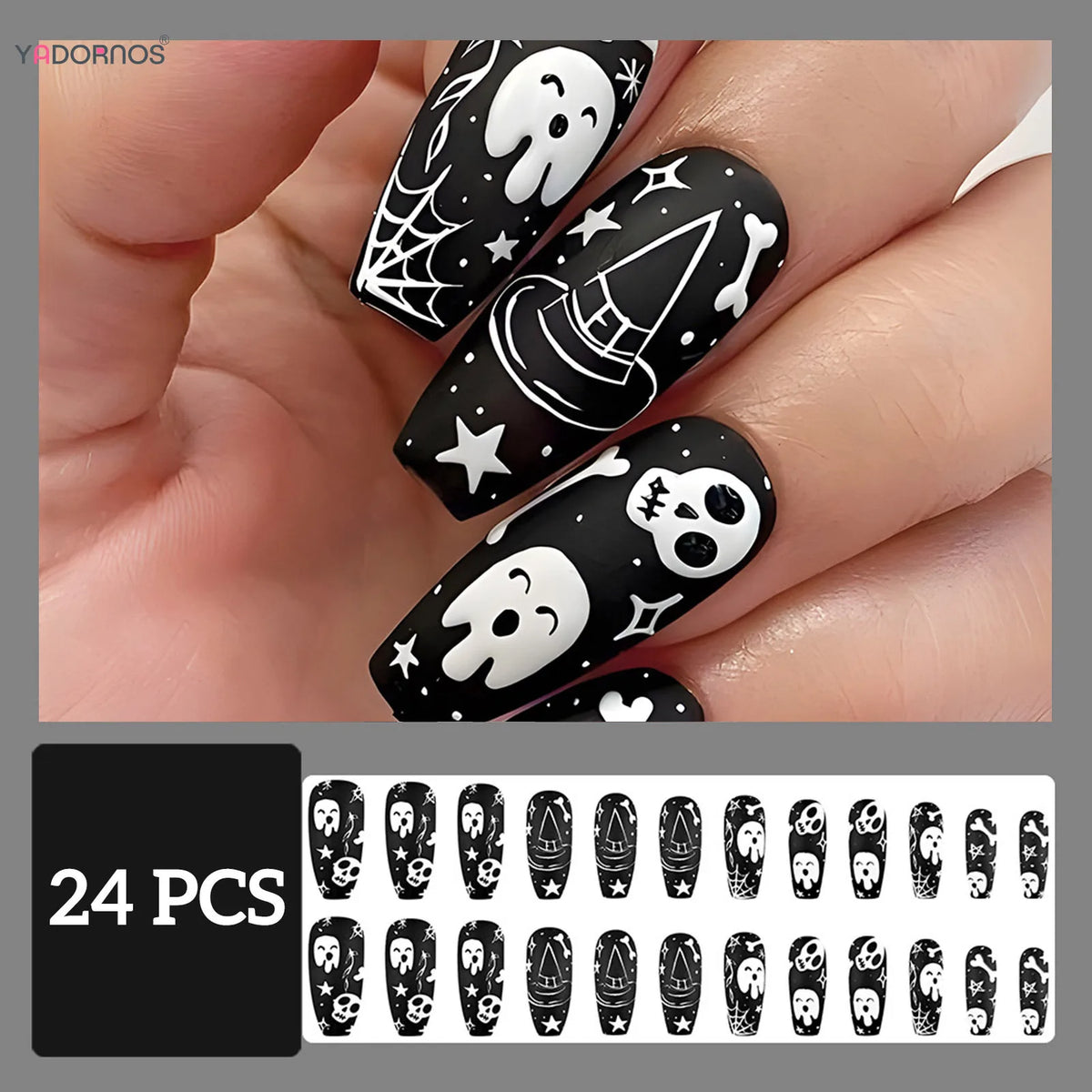 Black Fake Nails for Women, Halloween Party Press on Nails, White Ghost, Star, and Spider Web Designs, Wearable False Nail Tips, 24Pcs