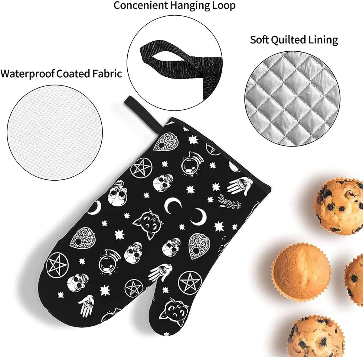 Skull Cat Moon Gothic Oven Mitts and Pot Holders Set | Heat Resistant Non-Slip Kitchen Gloves with Cotton Layer