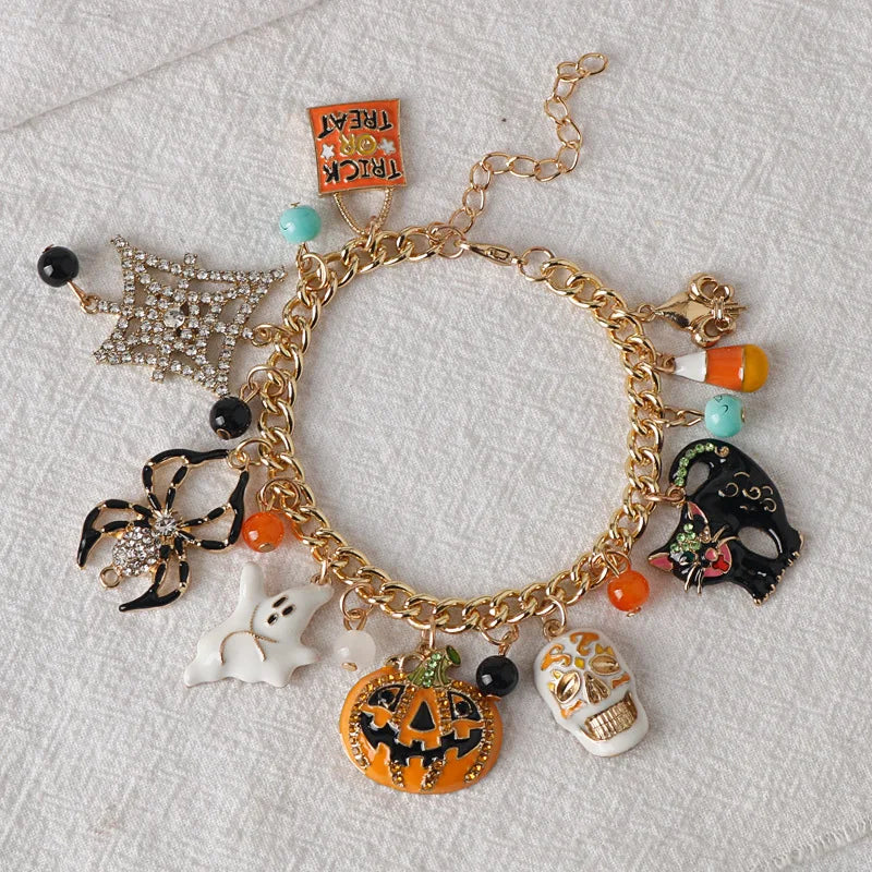 Halloween Pumpkin Charm Bracelet – Zircon Inlay with Spider Web Pendant, Women's Jewelry Accessories Gift