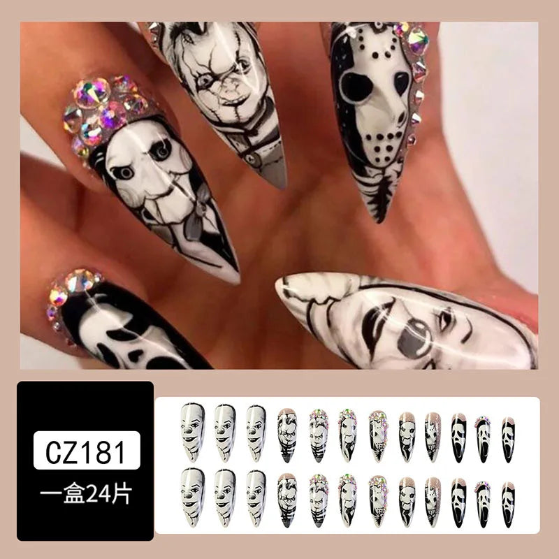 24Pcs Clown Grim Reaper Mask Man False Nails Halloween dark horror weird Tomie Press on Nails For Women and Girls Holiday Gifts