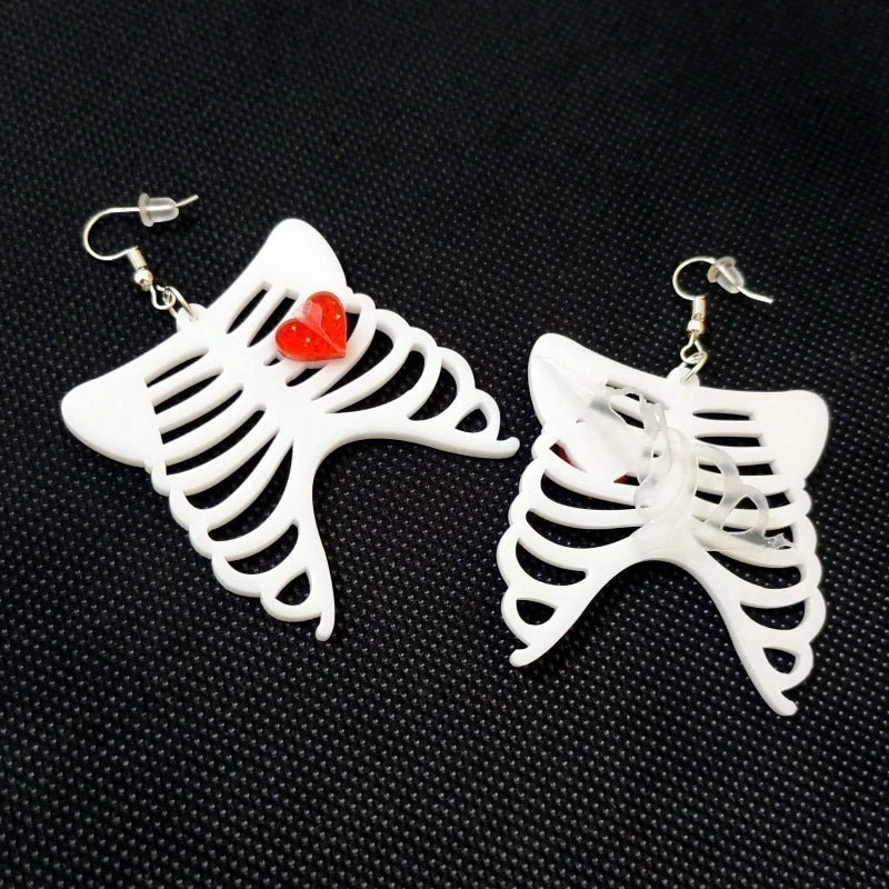 KUGUYS Halloween Skeleton Heart Dangle Earrings for Women Acrylic White Glitter Red Rock Jewelry Fashion Accessories