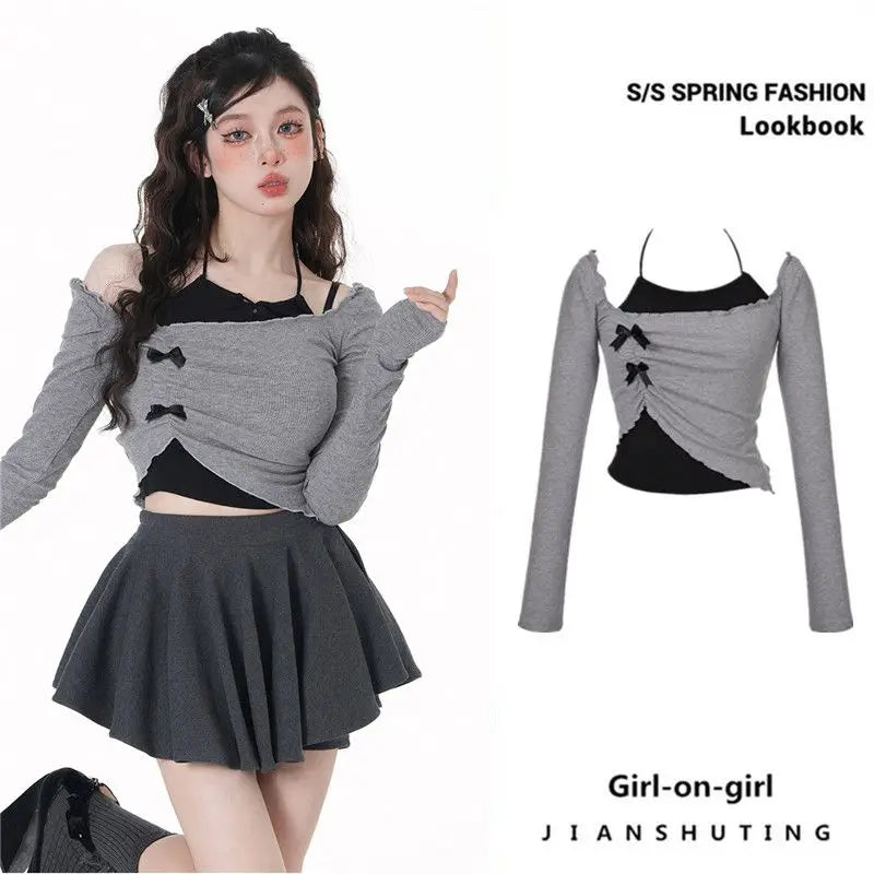 Y2K Grey Two-Piece Set - Spicy Girl Top with Slim Sexy Hot-Sweet Women's Short Shirt, Off-Shoulder Long-Sleeved T-shirt with Hanging Neck Bow