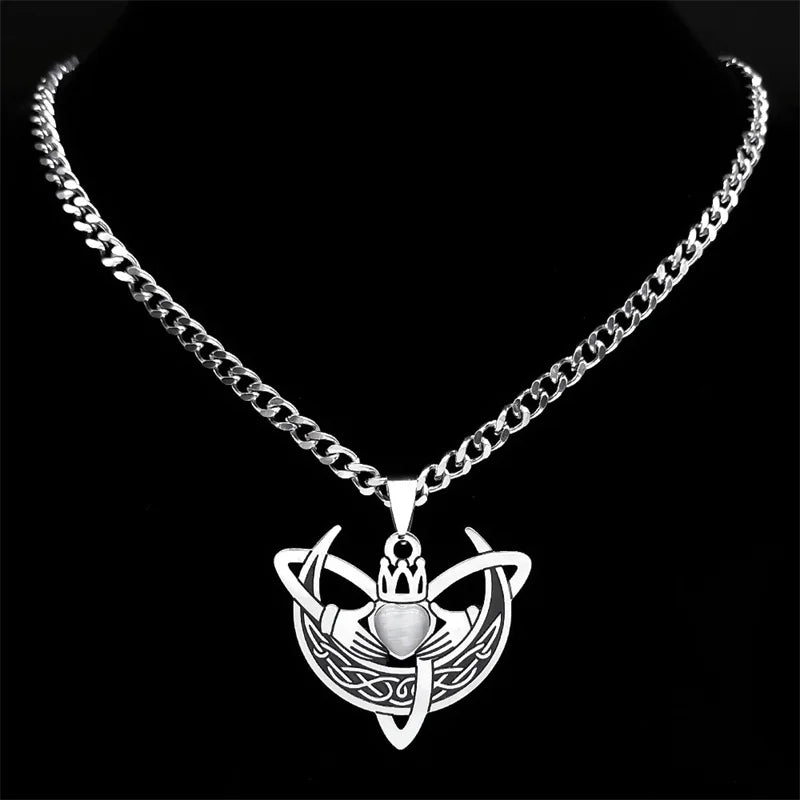 Crescent Moon Claddagh Heart Trinity Celtic Knot Necklace – Stainless Steel with Opal Stone, Women’s Necklaces