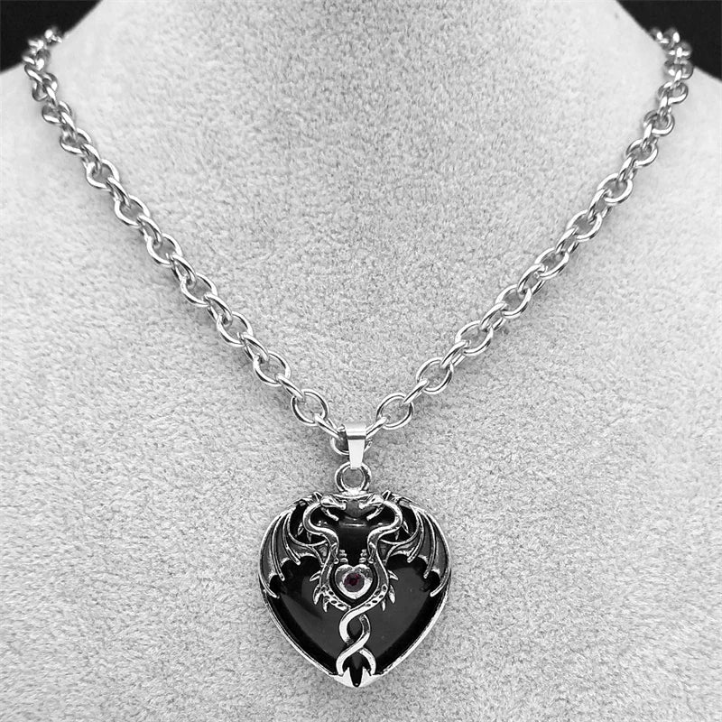 Goth Double Dragon Heart Necklace – Black Stone, Stainless Steel, Y2K Star Girl Design, Men & Women Halloween Jewelry Gift