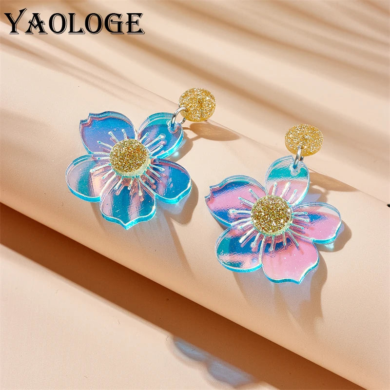 Creative Dazzling Flowers Drop Earrings for Women - Fashion Laser Acrylic Jewelry, Party Gifts by YAOLOGE