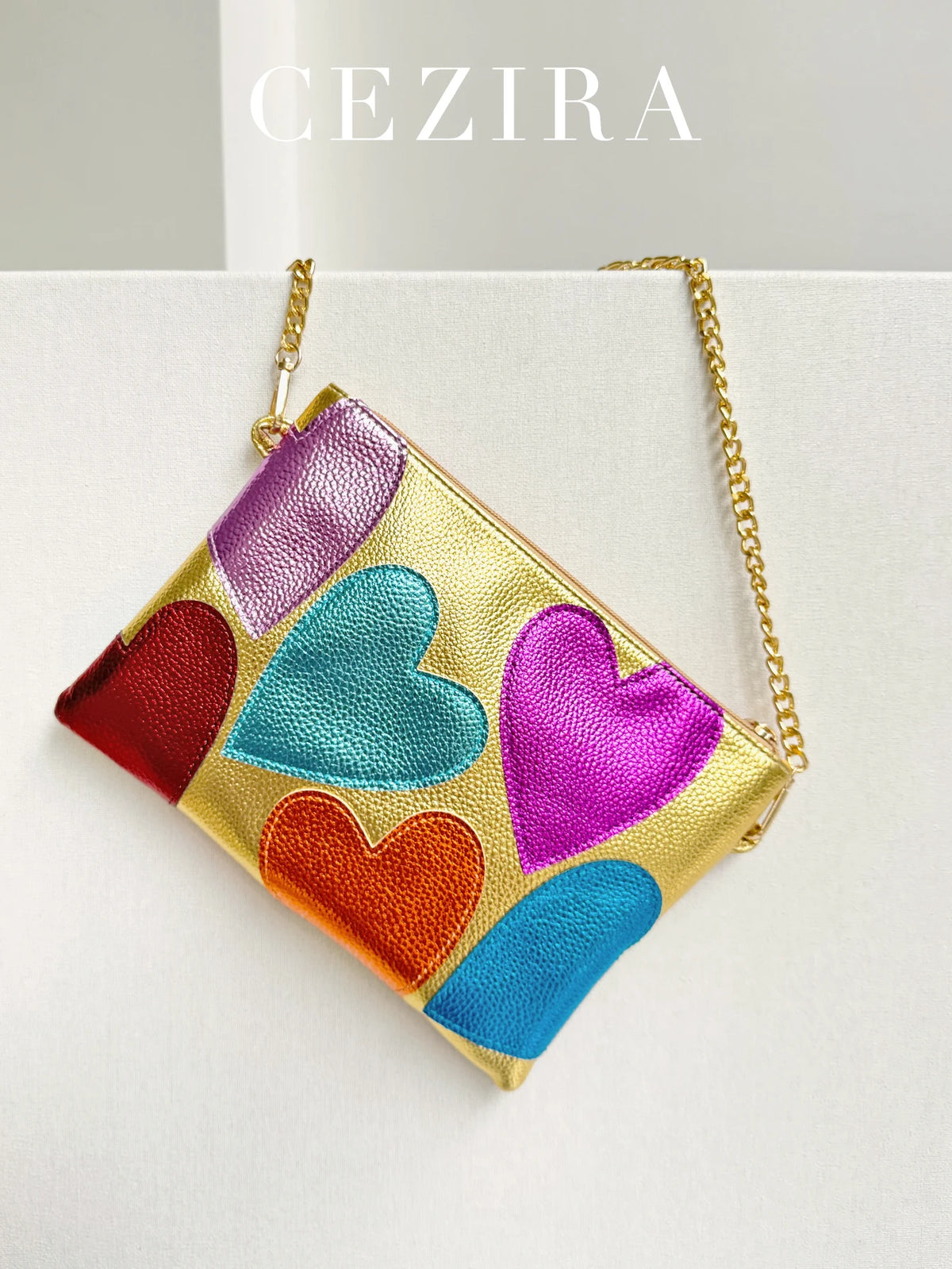 Luxury Colorful Metallic PU Leather Clutch - Sweet Hearts Pattern Square Handbag Crossbody Purse