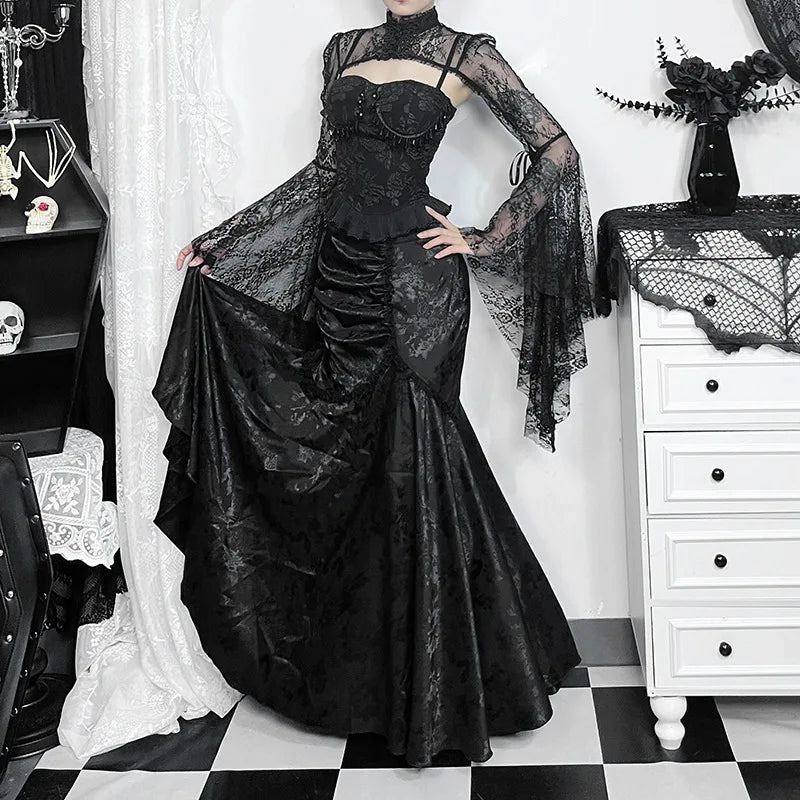 Goth Dark Elegant Fashion Party Gown - High Waist Lace-Stitched Mermaid Skirt, Sexy Pleated Bodycon for Women