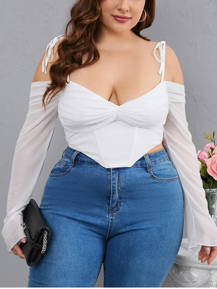 EYNMIN Plus Size Solid Mesh Sleeve Cropped Top for Women – Autumn Sexy V-Neck Backless Cami Fashion Club Top