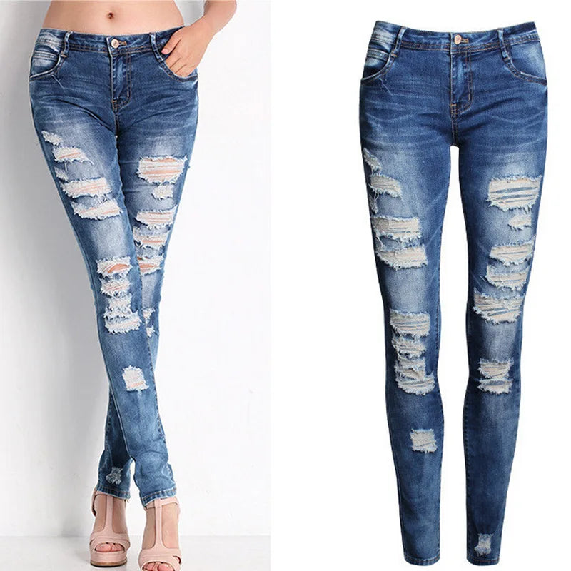 New Designer High Waist Ripped Jeans: Skinny Denim Fashion for Women, Elastic Slim Fit, Black and White Options Available