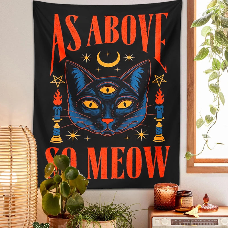 Cat Tarot Tapestry | Witchcraft Cat Wall Hanging | Psychedelic Boho Room Decoration