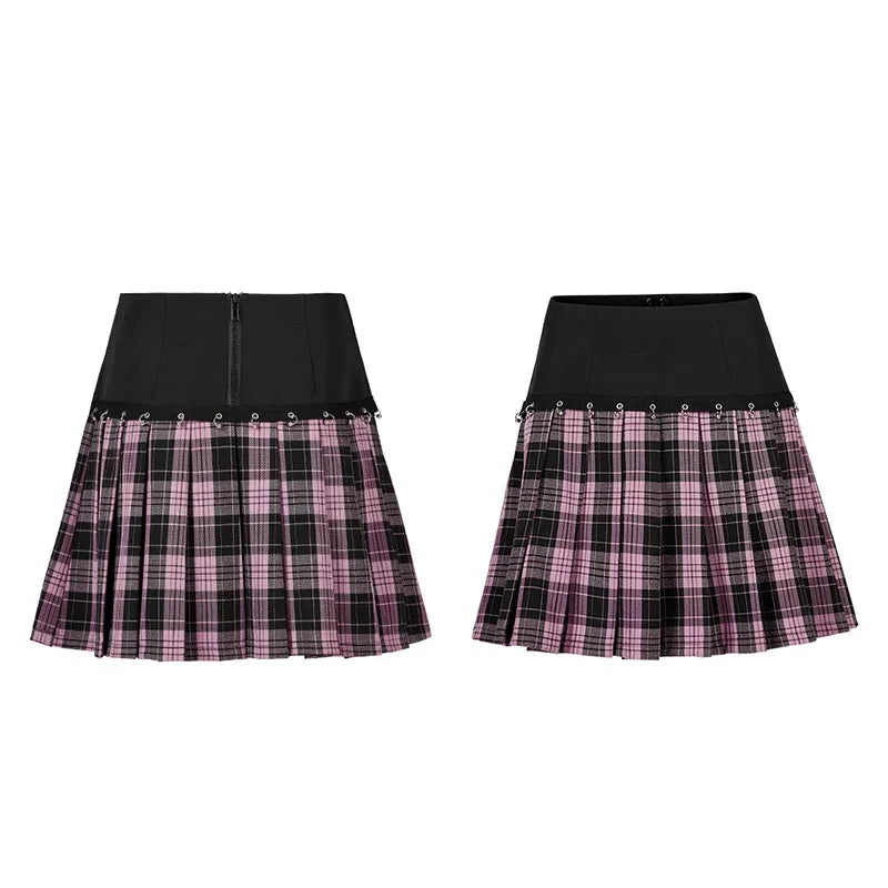 PUNK RAVE Women's Plaid Splicing Skirt - Punk Metal Ring and Webbing Decorative Mini Skirt with Playful Fashion Personality