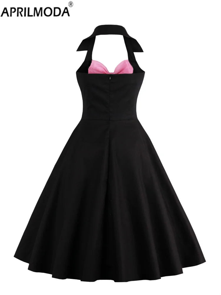 Strapless Halter Sexy 50s Vintage Women's Dress | V-Neck Patchwork Pinup Big Swing Vestidos | Elegant Ruffle Rockabilly Party Dresses