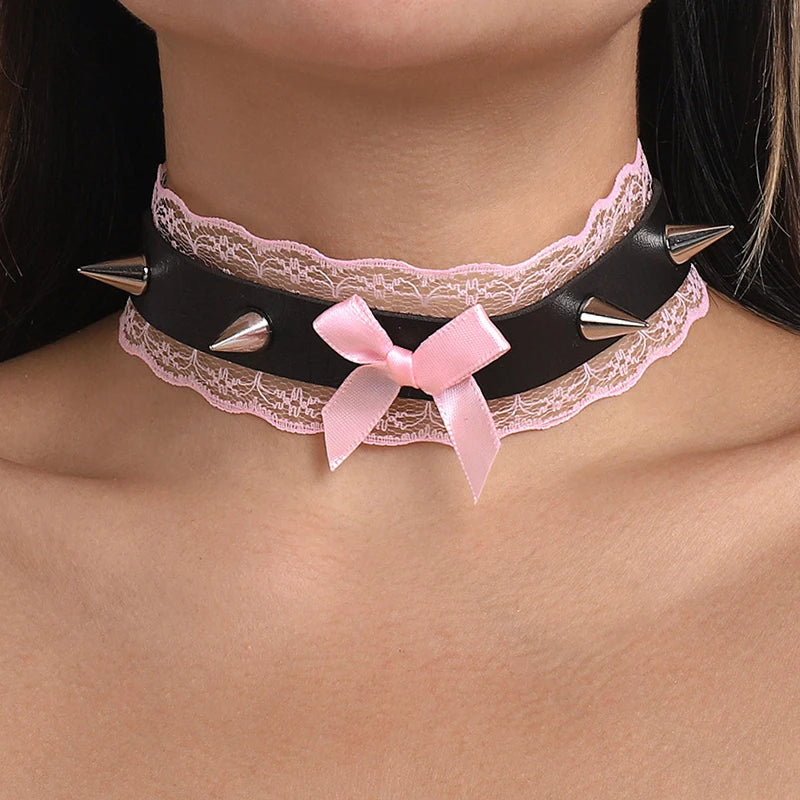 Y2K Pink Lace Sexy Necklace for Women Goth Punk Glamour Spike Studded 90s Aesthetic Cosplay Party Chokers