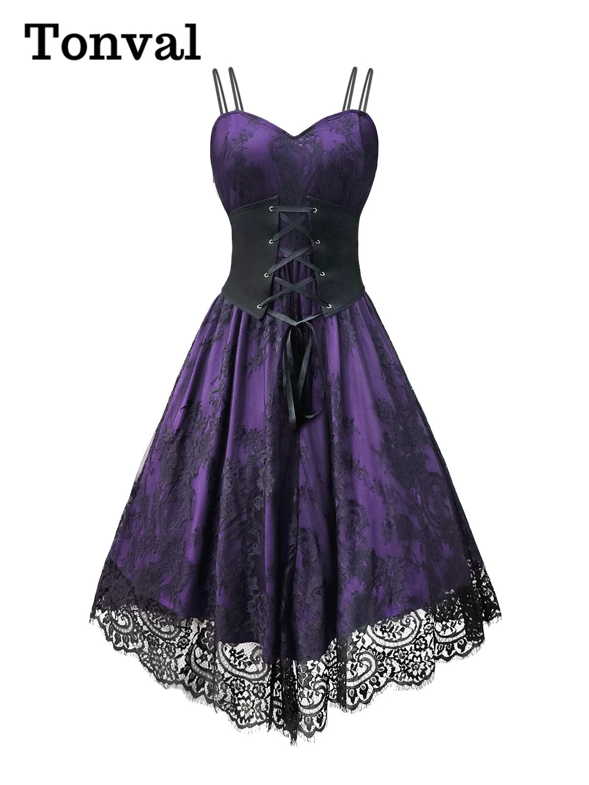 Tonval Purple Elegant Spaghetti Strap High Waist Corset Dress Gothic Women Cosplay Party Vintage Costume Lace Long Dresses