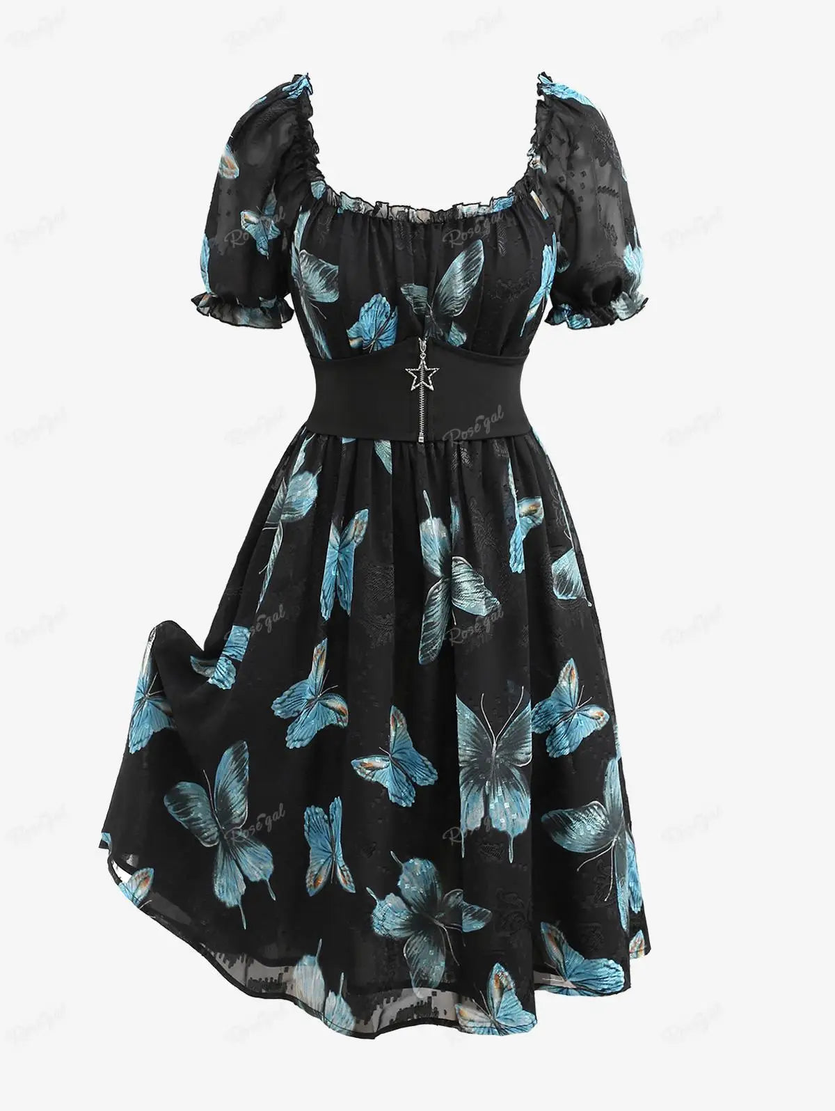 ROSEGAL Plus Size Butterfly Print Ruffle Ruched Dress - Women's Spring/Summer Streetwear with Pentagram Zipper