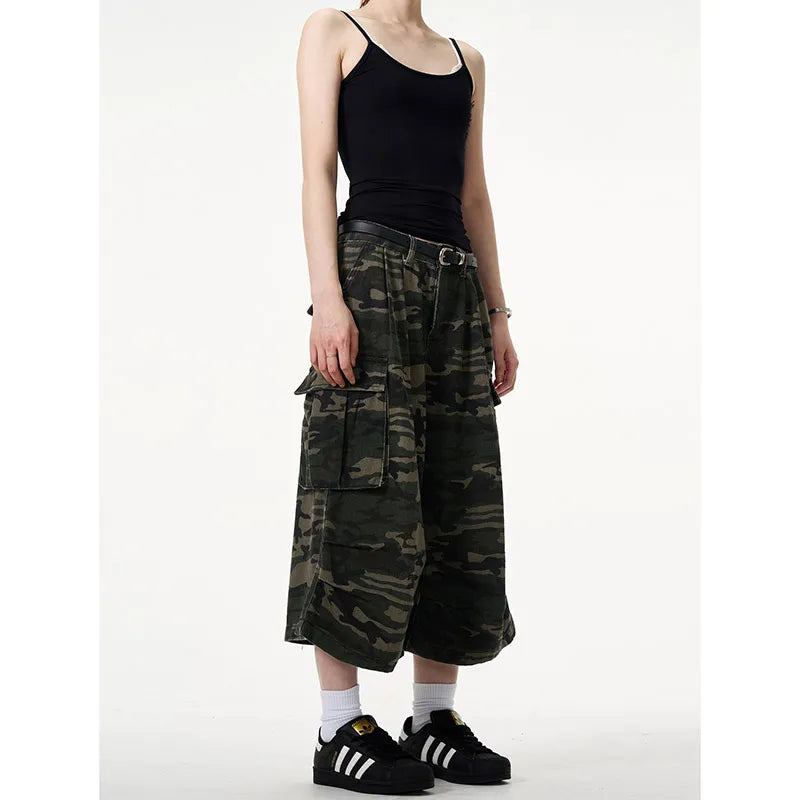 Women Short Jeans | Green Camouflage American Vintage Y2K | High Waist Straight Wide Leg Streetwear Summer Denim Shorts