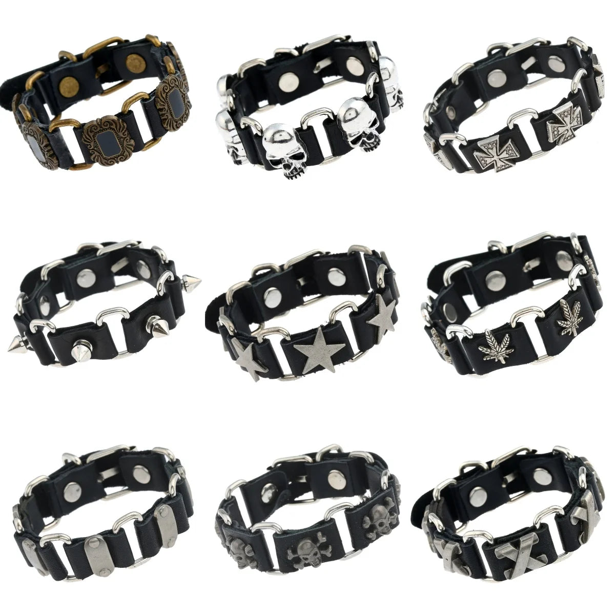 Multi-style Black Cowhide Goth Bracelets – Hip Hop, Rock, and Vintage Bangles for Men and Women – Punk Jewelry Gifts