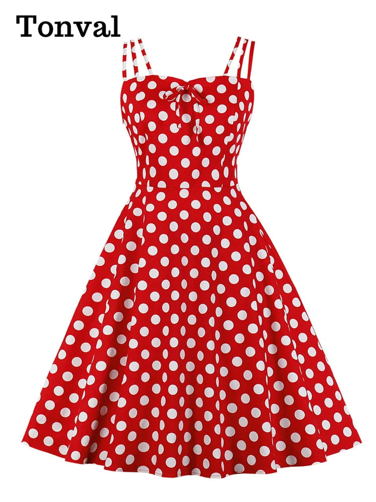 Tonval Retro Style Polka Dot Bow Front Spaghetti Strap Party Swing Dresses Women 2022 Summer Shirred Back Vintage Cotton Dress