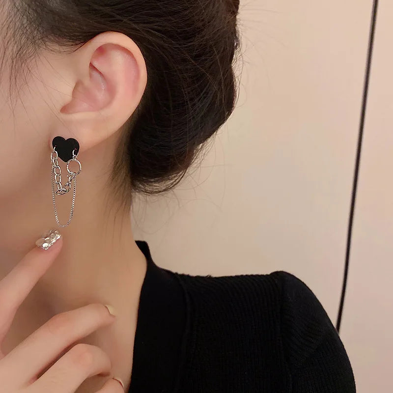 Black Heart Tassel Chain Earrings for Women | Korean Brincos 2024 | Femme Jewelry Streetwear Fashion Wholesale