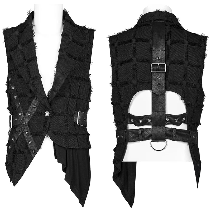 PUNK RAVE Men's Gothic Asymmetric Personality Twill Black Vest Casual Handsome Tank Top Back Hollow Out Design Four Seasons