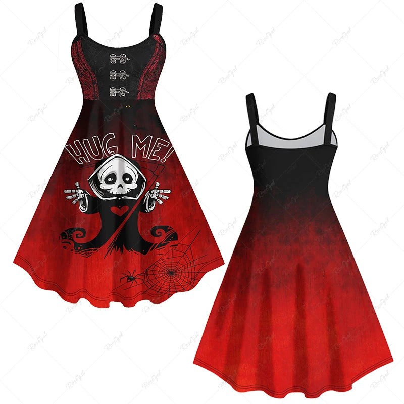 Plus Size Women's Halloween Vampire Costume Spider Web Colorblock Floral 3D Print Cami Tank Dress - Daily Casual Wear