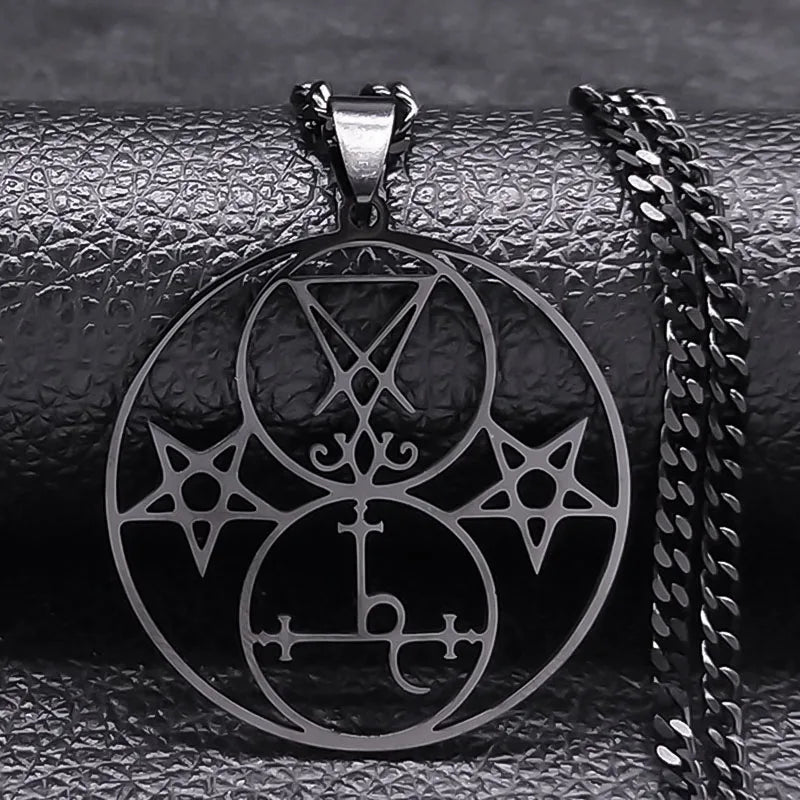 Lilith Pentacle Sigil of Lucifer Church Necklace - Stainless Steel Satan Demon Hollow Pentagram Round Necklaces, Goth Jewelry