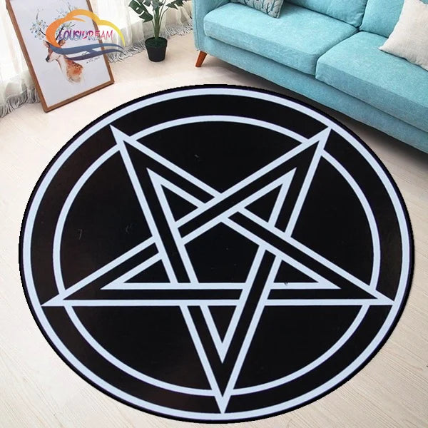 Pentacle Symbol Rug, Pentagram Patterned Round Carpet, Satan  Devil's Trap, White  on Black Supernatural Carpet