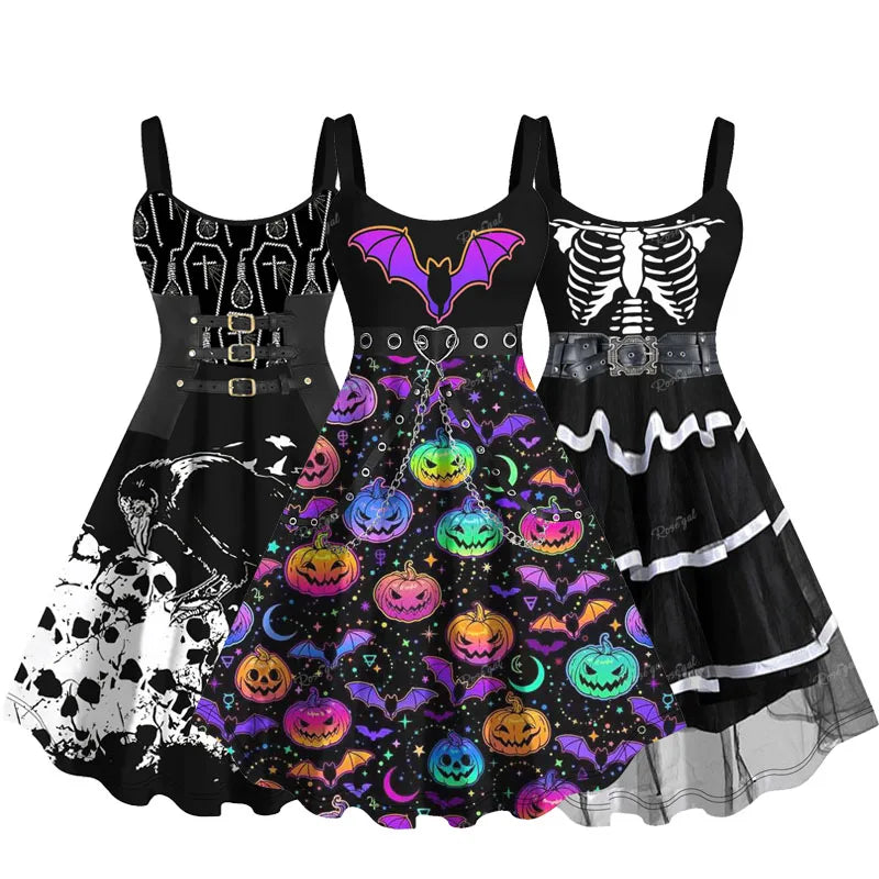 Plus Size Halloween Printed Sleeveless Tank Dress - Gothic Graphic Knee-Length