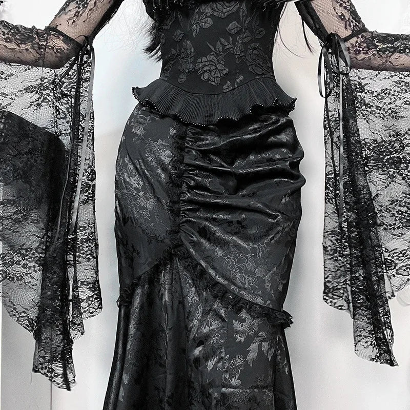 Goth Dark Elegant Fashion Party Gown - High Waist Lace-Stitched Mermaid Skirt, Sexy Pleated Bodycon for Women