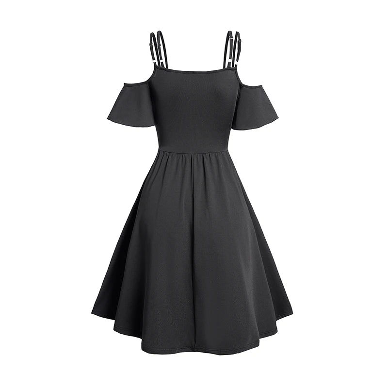 Cold Shoulder Short Sleeve Dress | Dual Strap Metal Chain Detail Casual Dress | Fashion Summer Black Dresses 2024