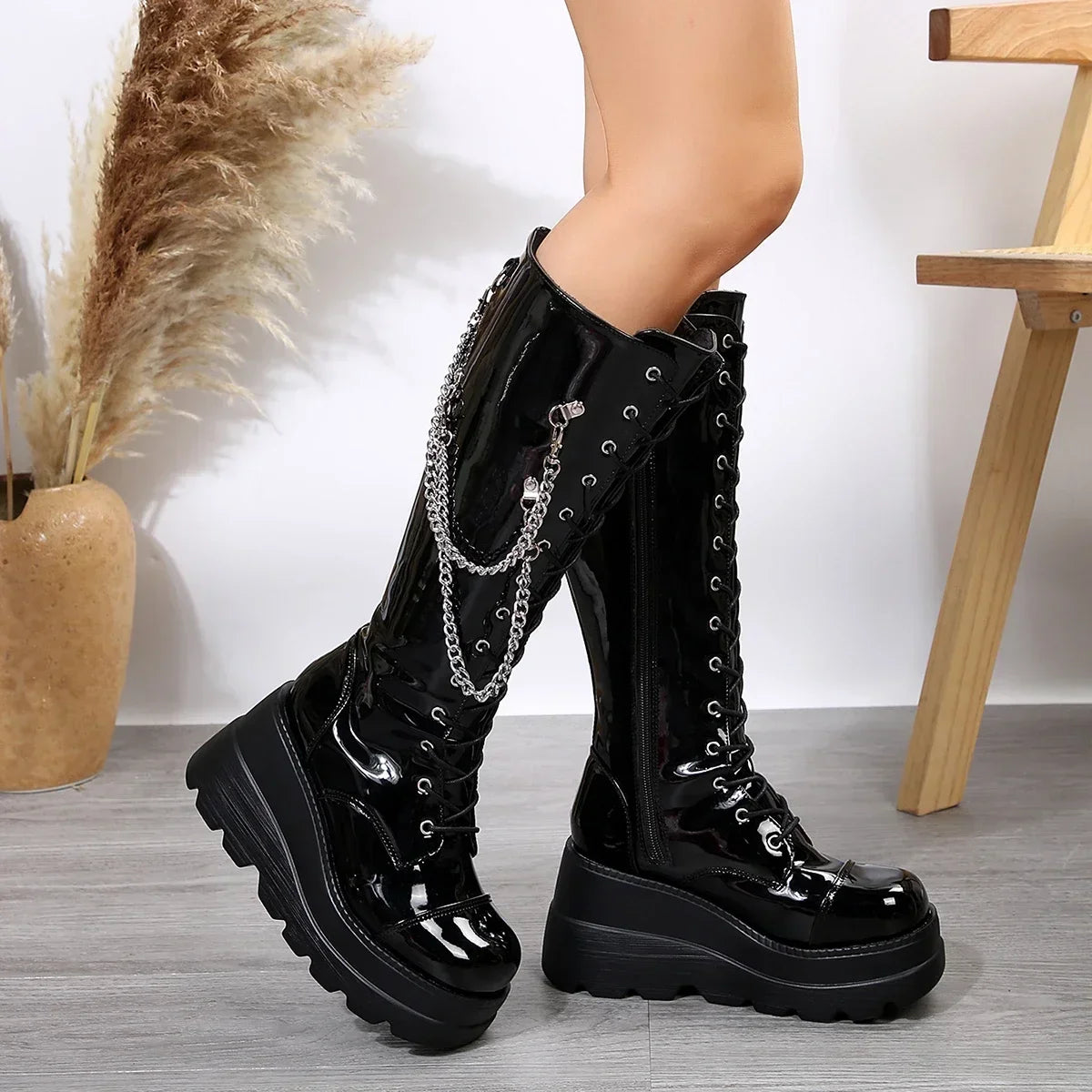 Women's Round Toe Platform Mid-Calf Boots 2023 – Punk Chain, Chunky Heel, Side Zipper Shoes