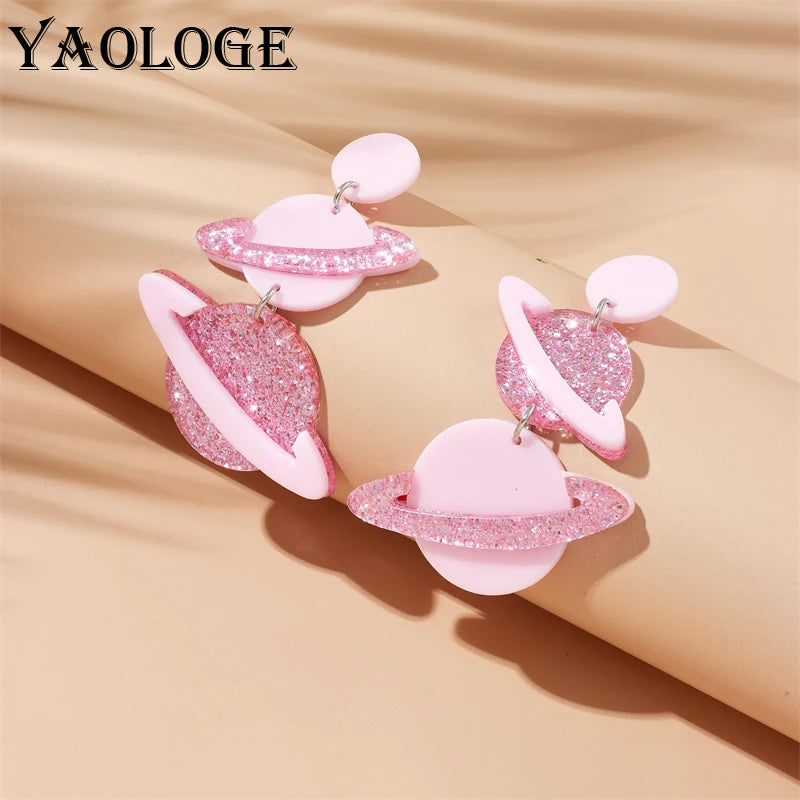 YAOLOGE Acrylic Pink Planet Pendant Earrings - New Fashion Ear Dangle Creative Jewelry Gift for Women and Girls - Party Accessories
