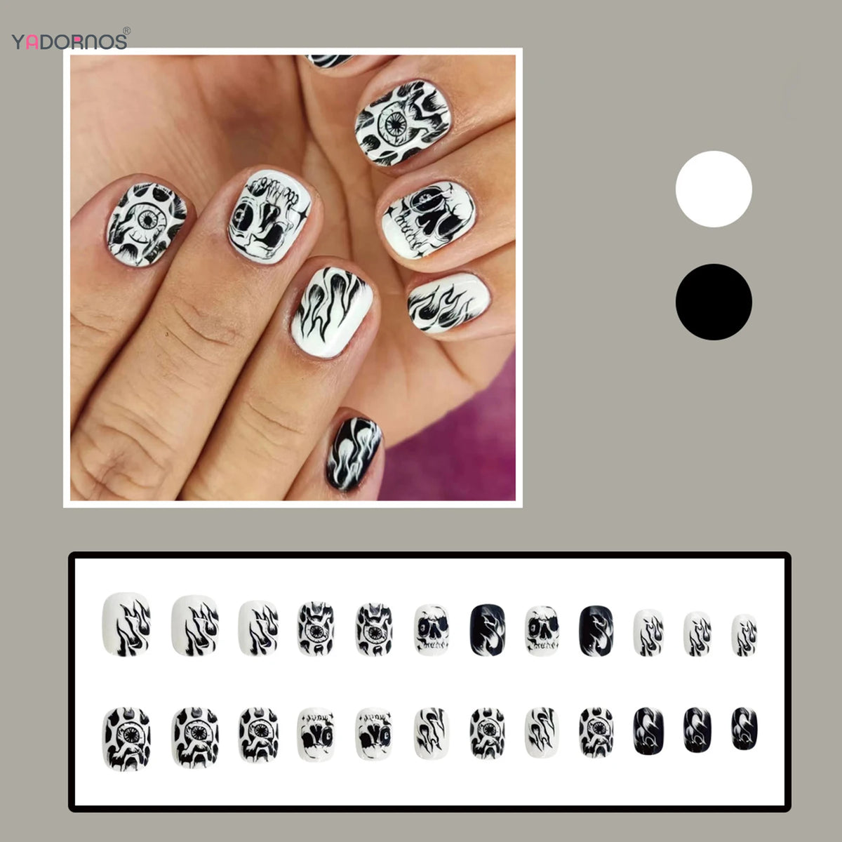 24pcs Halloween Black & White Press-On Nails – Hand-Painted Fire Skull Design, Short Round False Nail Tips