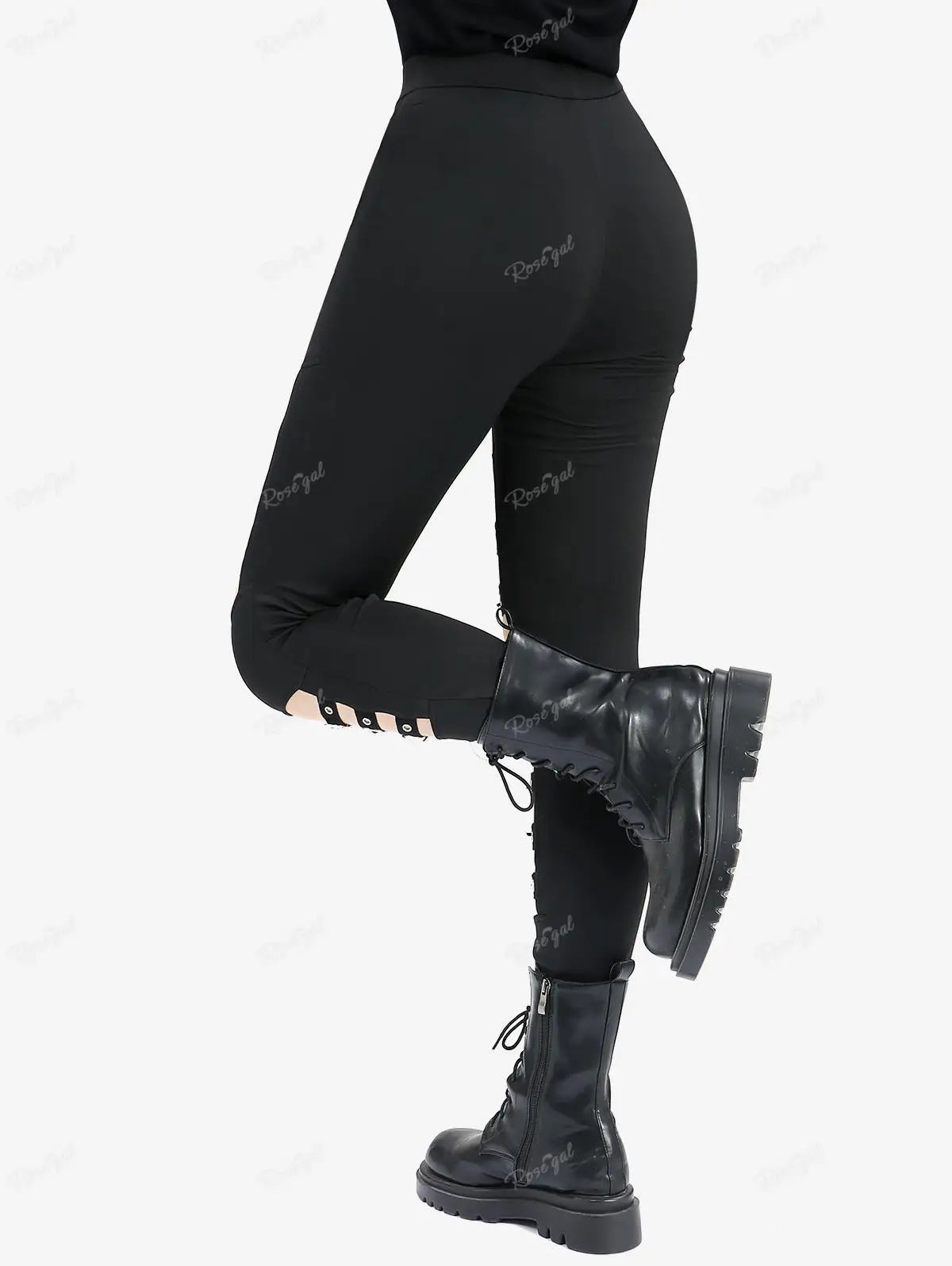 ROSEGAL Gothic Plus Size Skinny Pants - Black Cut-Out Pencil Pants with Strap Buckle, Grommet Pockets, and High Stretch Fabric