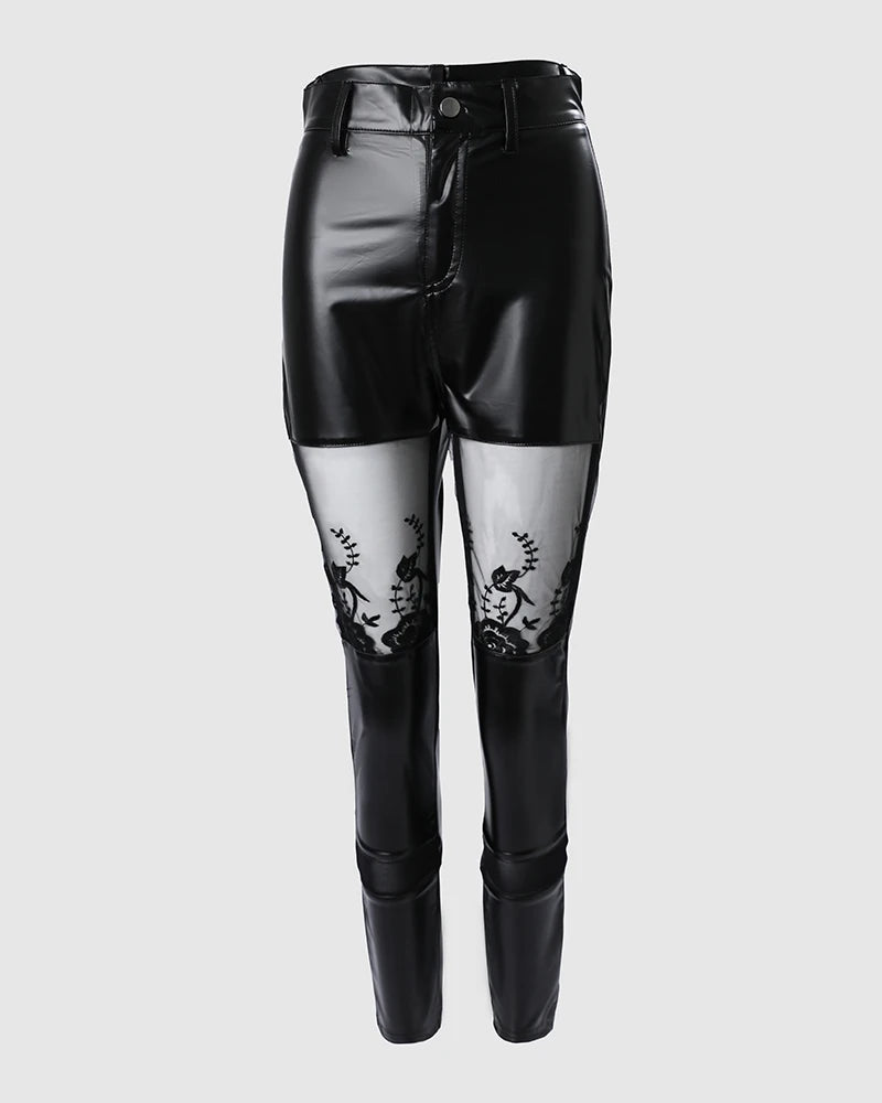 Hot Contrast Mesh PU Leather Skinny High Waist Button Up Pants