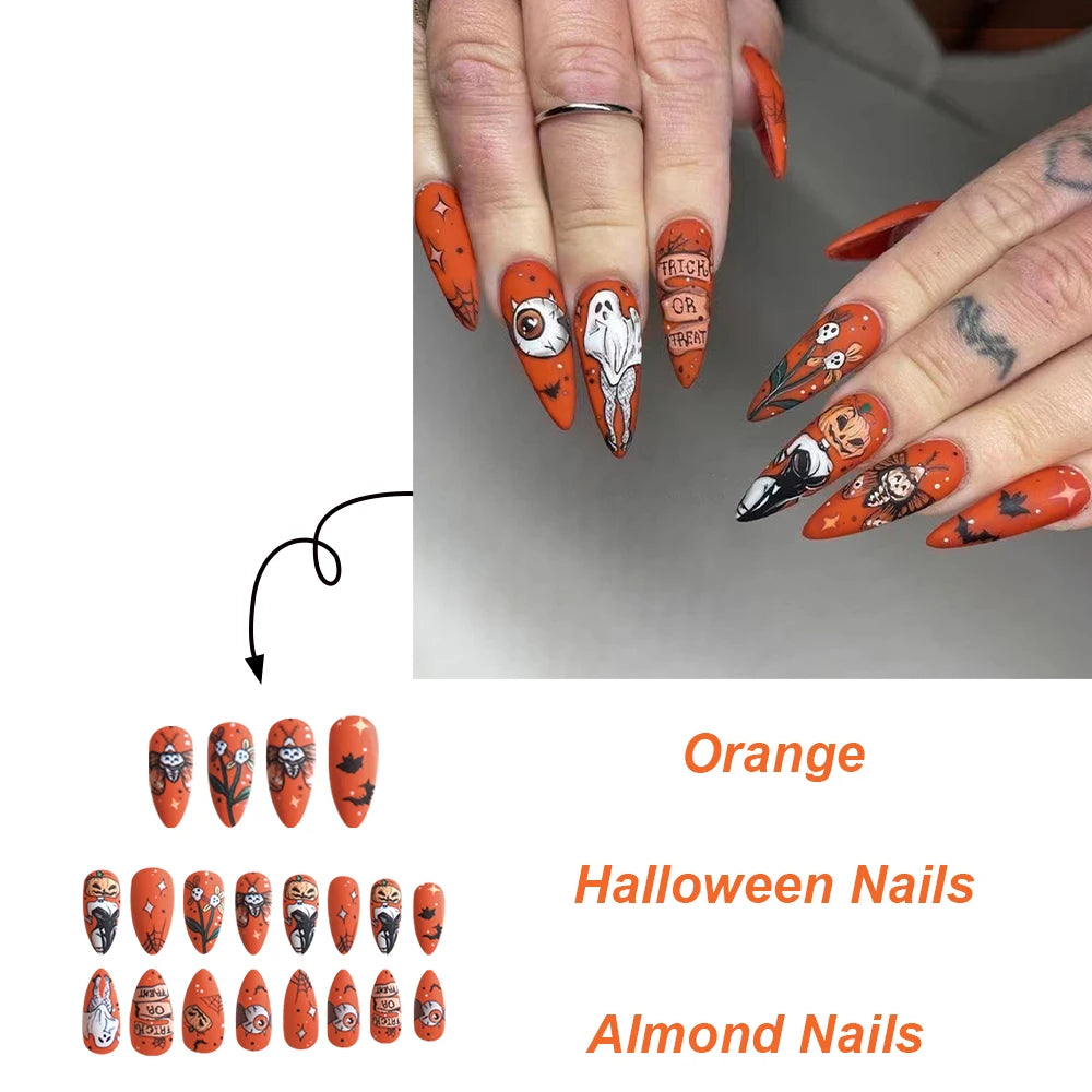 24pcs Long Almond Press-On Nails – Matte Orange French Nail Art, DIY Detachable Fake Nails for Manicure