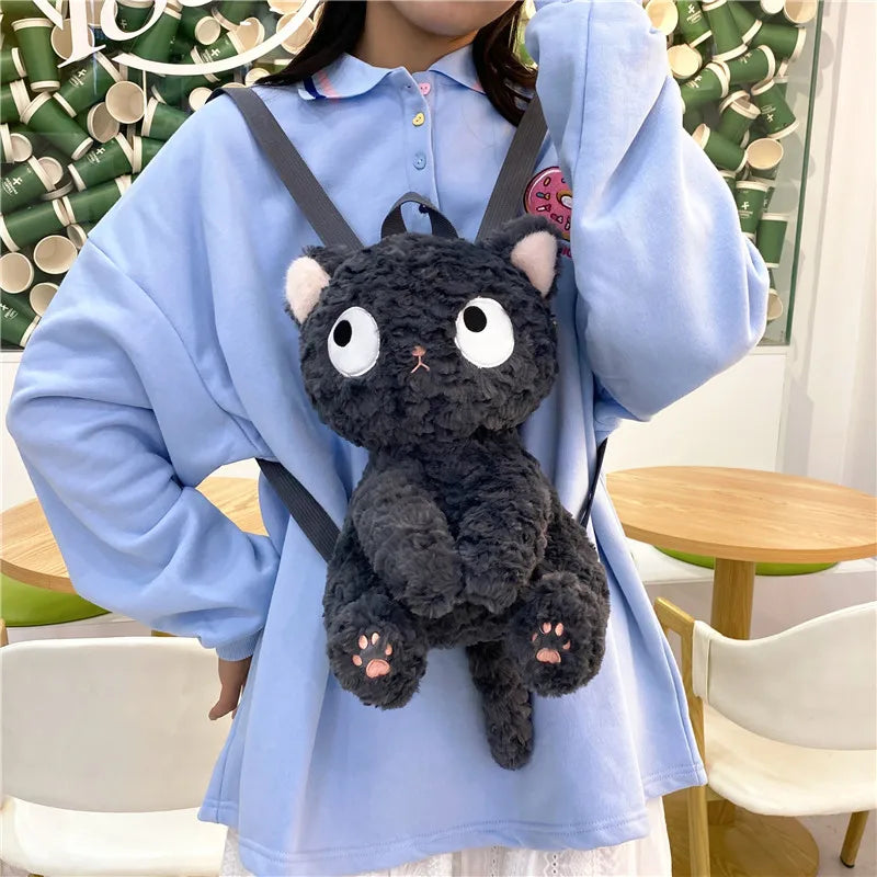 Kawaii Plush Cute Mini Gray Cat Shaped Women's Fluffy Backpack - Cartoon Aesthetic Stuffed Animal Zipper Toy, Small Female Gift