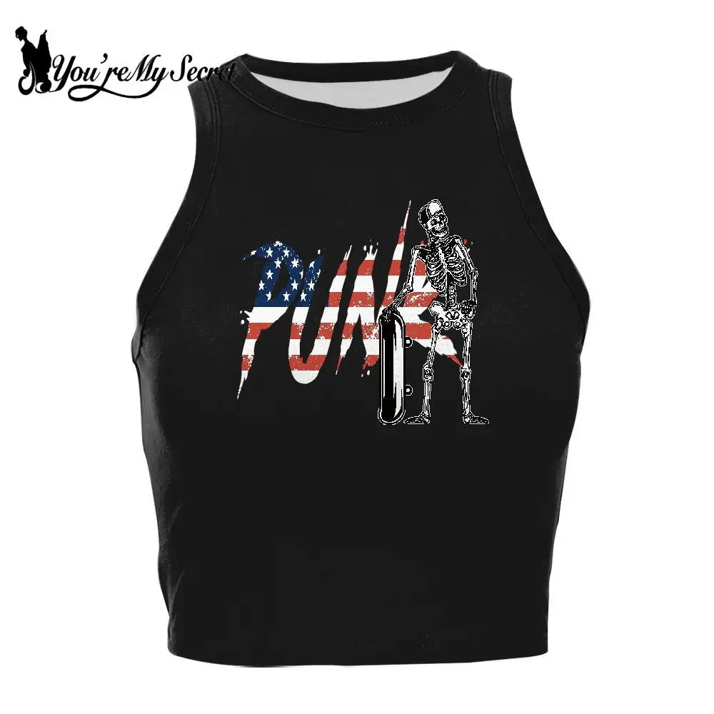 [You're My Secret] Halloween Women Crop Top Sexy Sleeveless Tank Tops Gothic Skull Print Knitted O-neck Hip Hop Vest Summer