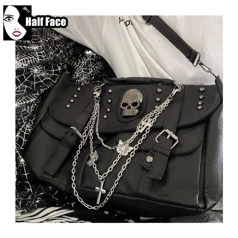 Y2K Harajuku Gothic Punk Skeleton Head Chain Crossbody Bag - Spicy Girls Locomotive Subculture Lolita Tote