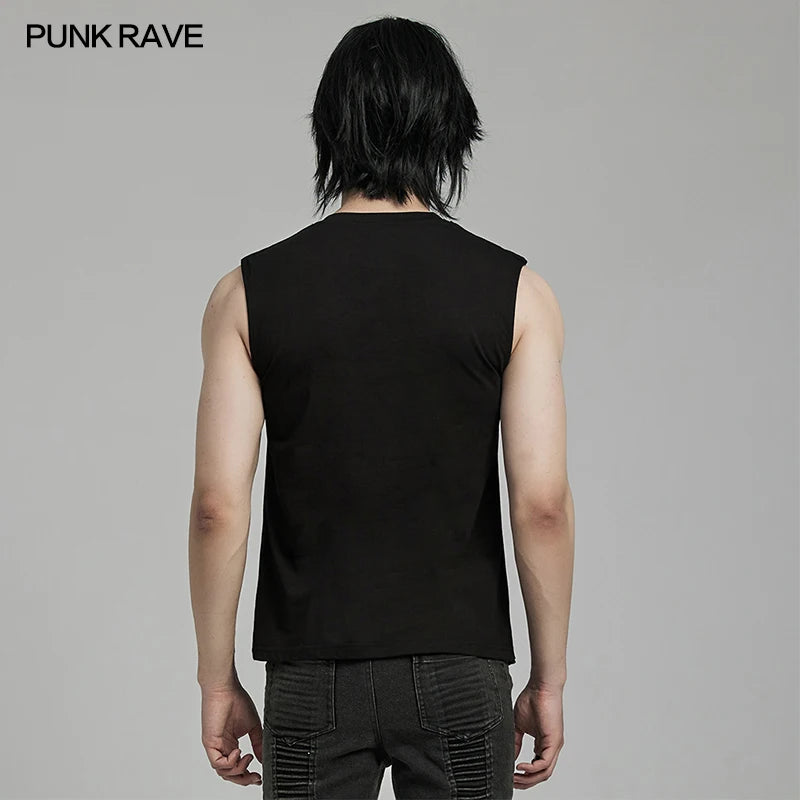 PUNK RAVE Men's Punk Daily Front Mesh Bottom Decorated Tank Personality Handsome Cool Black Streetwear Sleeveless Top Men Summer