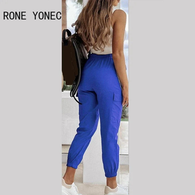 Women Casual Solid Multi-Pocket Cargo Pants with Chain Decoration - High Street, Ankle-Length