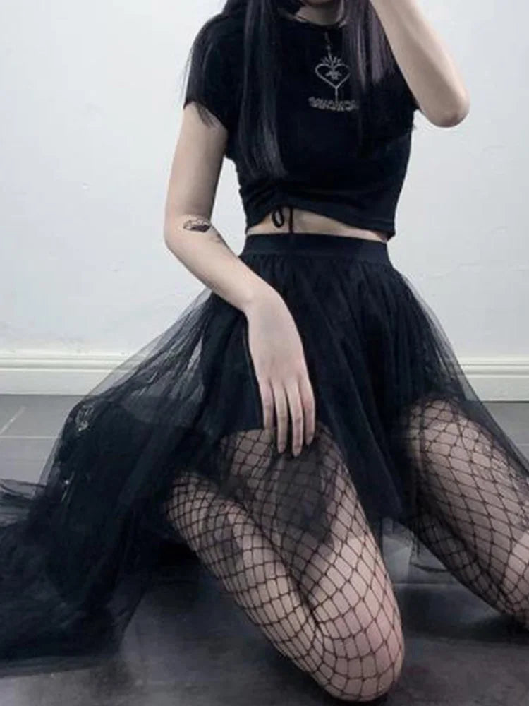 AltGoth Mall Gothic Mesh Skirt - Women's Fairy Grunge Harajuku Punk High Waist Irregular Skirt, Emo Alternative Fairycore Style