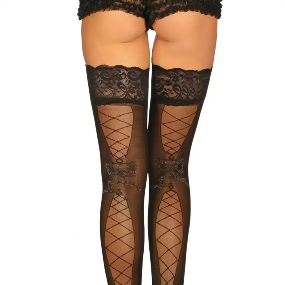 Women's Club See-Through Ultrathin Jacquard Lace Stockings - Hollow Out, Anti-Slip Thigh Highs, Skinny Party Wear